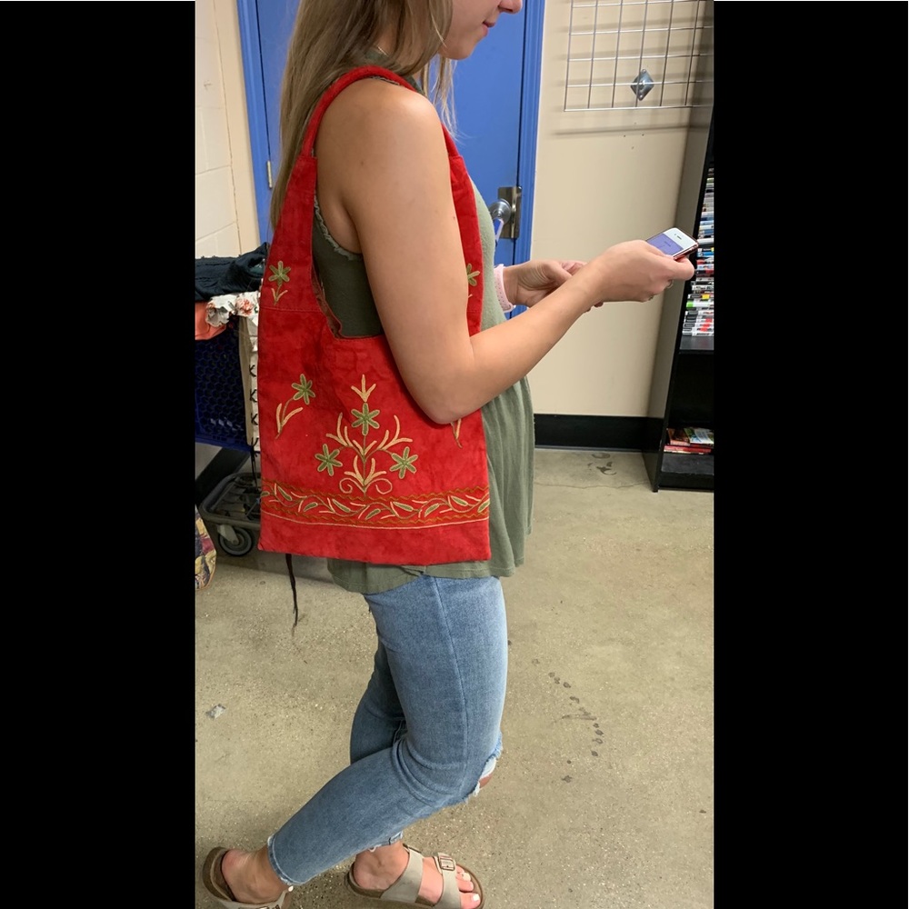 Boho Red Suede Type Purse with Floral Embroidery